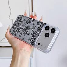1個黑色蕾絲花卉個性化荔枝紋理霧面全包覆防摔TPU時尚手機保護殼，適用於 16 15 14 13 12 11 17 Pro Max - 彩色 - 查看 4