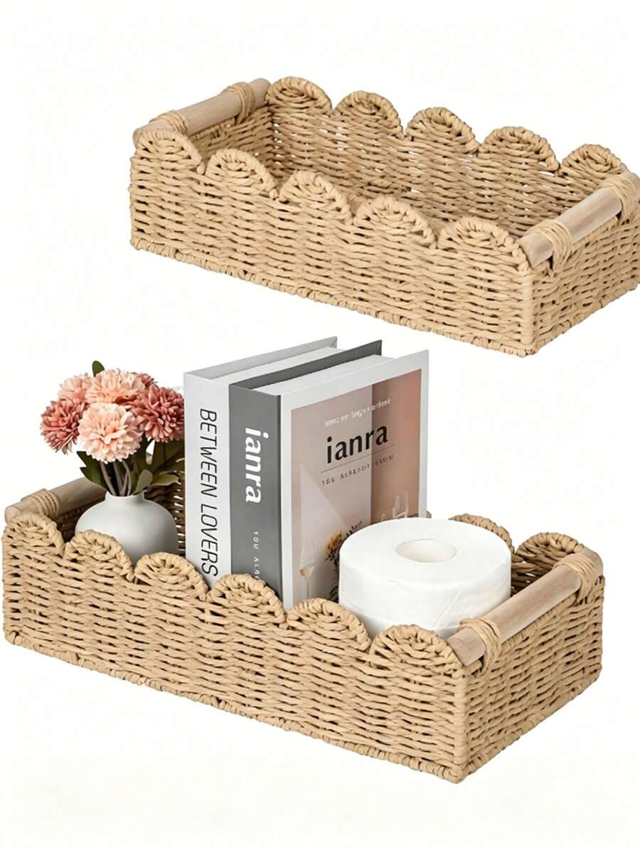 1pc Woven Storage Basket, Fan-Shaped Edge Design, Handheld Storage Basket, Suitable For Toilet Tank Top Shelf, Bathroom, Living Room, Bedroom, Vanity, Home Decor, Bathroom Accessories, Desktop Organization & Storage, Halloween Gift Basket - 彩色 - 查看 1