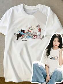 2026 camisas de mujerCamiseta de algodón blanco de verano para mujer con diseño de gato de dibujos animados lindo P-1 (2) - Negro - Ver 1