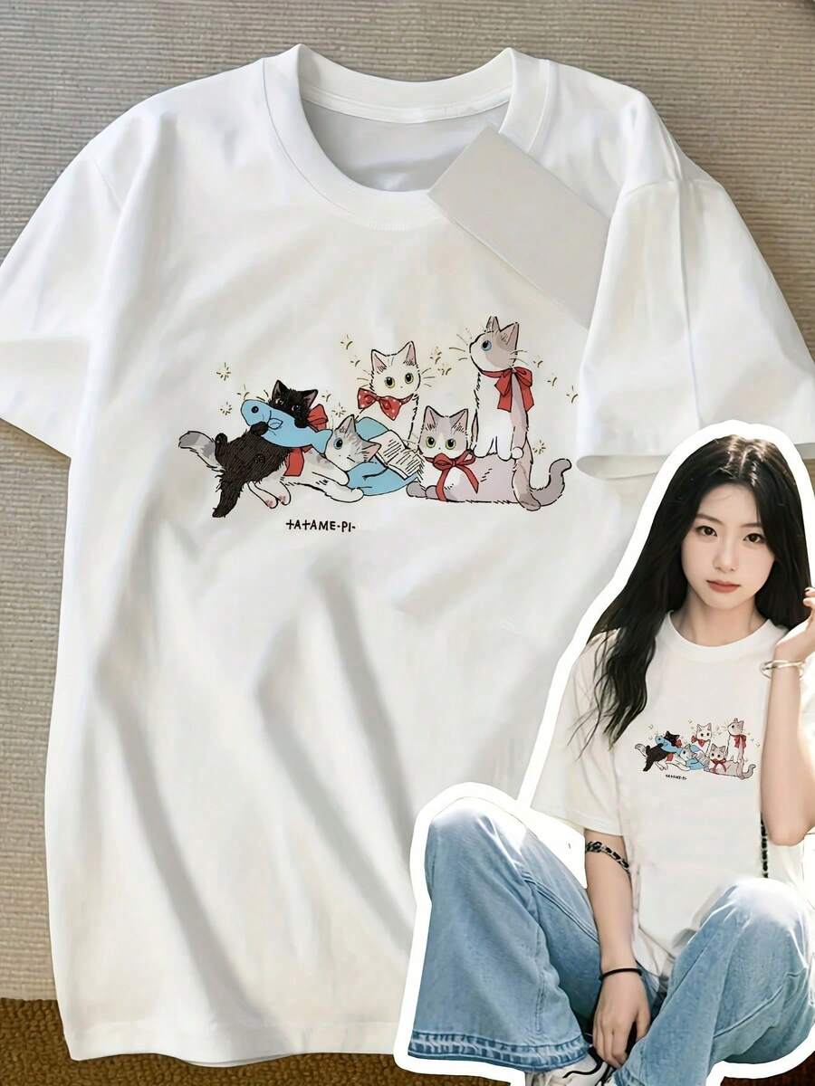 2026 camisas de mujerCamiseta de algodón blanco de verano para mujer con diseño de gato de dibujos animados lindo P-1 (2) - Negro - Ver 1