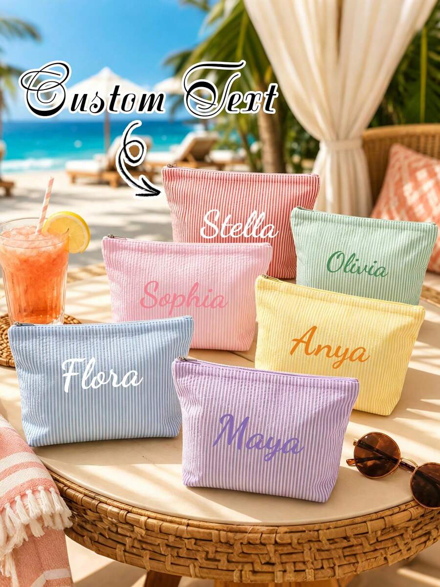 Custom Striped Makeup Bag - Personalized With Name Or Text - Multiple Colors - Minimalist Large Capacity Design - Daily Storage Bag & Document Bag - Multicolor - View 1