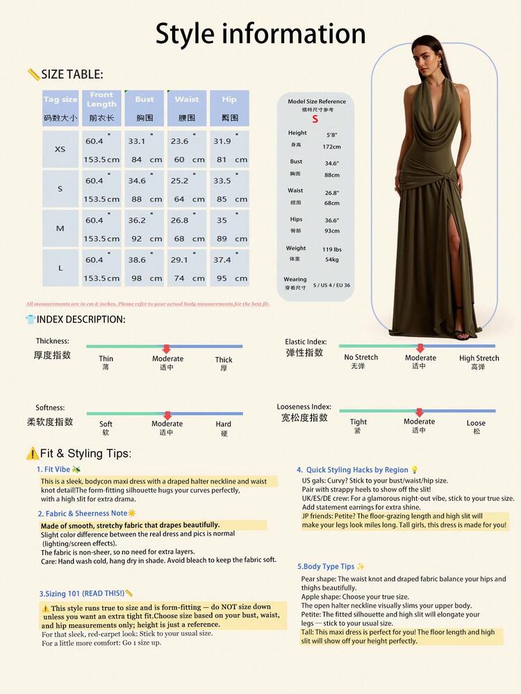 女款軍綠色垂領披肩領洋裝，附腰部綁帶，無袖修身優雅晚宴派對禮服，適合春夏秋季婚禮秋季穿著 - 軍綠色 - 查看 7