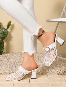 1 Pair Solid Color Elegant Casual PU Leather Buckle Slip-On High Heel Sandals For Outdoor And Indoor Summer Wear - White - View 5