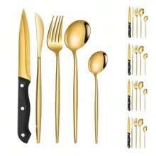 IMLUCKY Juego de Cubiertos Forados con Cuchillo Carne: 25-Piezas Tenedores y cucharas para 5 - Acero inoxidable y Apto para Lavavajillas - Uso en el Hogar y en Fiestas - Regalo para Madres y Familias - Dorado - Ver 1