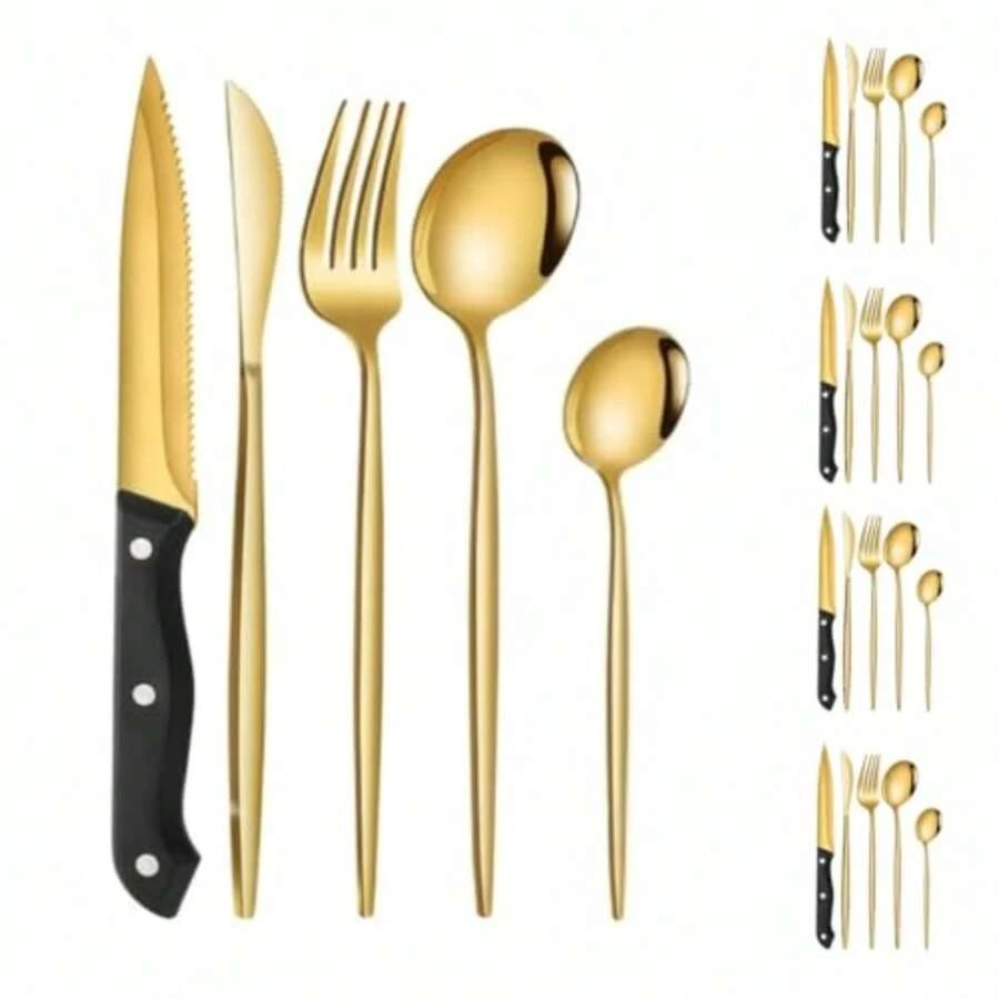 IMLUCKY Juego de Cubiertos Forados con Cuchillo Carne: 25-Piezas Tenedores y cucharas para 5 - Acero inoxidable y Apto para Lavavajillas - Uso en el Hogar y en Fiestas - Regalo para Madres y Familias - Dorado - Ver 1