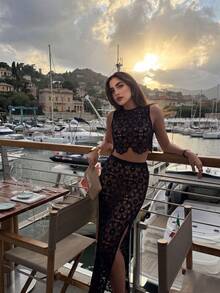 Elegant Crochet Black Hollow Out 2pcs Set Women's Outfit, Sexy Sleeveless Crop Top, Perfect Choice For Summer Party Attire. Wedding - Black - View 7