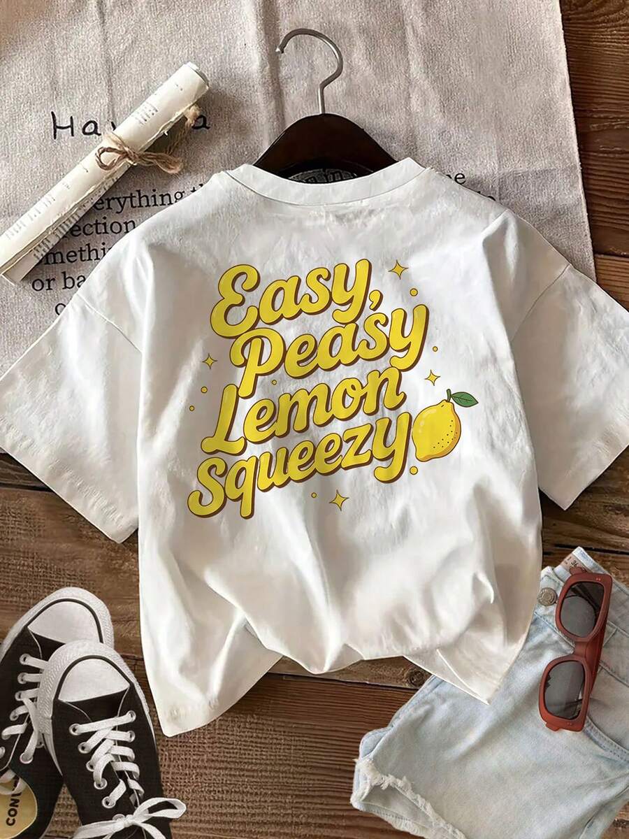 Top, Top casual estivo da donna, Stampa cartoni animati reversibile, Motivi limone e stelle, T-shirt a maniche corte con scollo rotondo e slogan Easy Peasy Lemon Squeezy - Bianco - Visualizzare 1