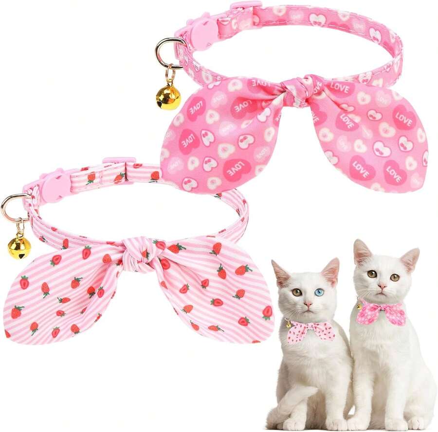 Dolaer Cat Collar Breakaway With Bowtie And Bells, 2 Pack Cute Bunny Ear Kitten Collars, Classic Plaid Design With Safety Buckle Adjustable For Small Large Cats Boys & Girls - Heart - View 1