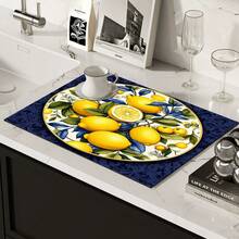 1pc Lemon Pattern Absorbent Drying Mat, Kitchen Decor Coffee Machine Mat, Hand Drip Coffee Pot Drainer Mat, Kitchen Floor Mat, Table Mat, Kitchen Countertop Dish Drying Mat, Breakfast Mat, Heat-Resistant Drainer Mat With Non-Slip Backing, Diatomaceous Earth Drainer Mat, Stain-Hiding, Super Absorbent Kitchen Drainer Mat, Easy-To-Clean Dish Rack Mat, Perfect For Kitchen, Dining Table, Coffee Shop, Bar, Holiday, Party, Home Decor, Holiday Gift - Multicolor - View 4