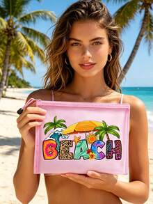 印有「Beach」海灘主題波浪圖案網格化妝包，附椰子樹、海星、太陽、遮陽傘圖案，紅色墊層便攜式化妝收納包，護膚包，旅行必需品，宿舍用品，新娘婚禮禮物，母親節禮物，生日禮物，同事、朋友、老師禮物，浴室收納 - 彩色 - 查看 3