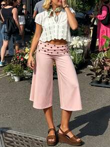 Fold Over Wide Leg Capri Pants For Women Low Rise Lounge Yoga Flare Culottes Y2k Flowy Crop Palazzo Pants - 淺粉色 - 查看 3