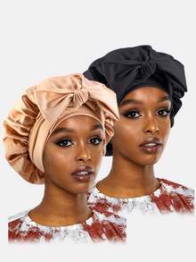 2 buah Topi Tidur Wanita Bertepi Lebar dengan Pita Satin Sutra Imitasi, Penutup Kepala Bulat, Serat Poliester, Diameter 30cm, Cocok untuk Penggunaan Sehari-hari - hitam/khaki - View 23
