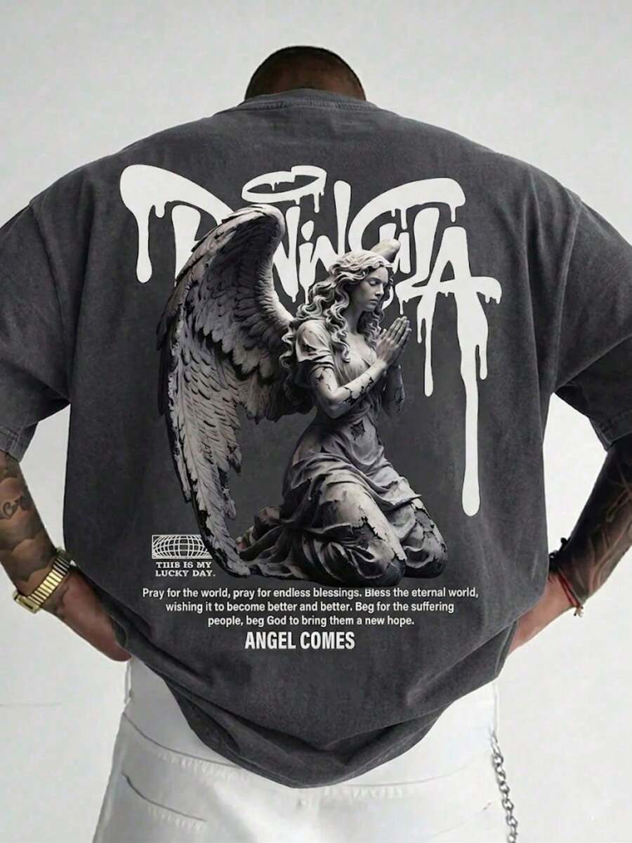 Camiseta Oversize Ángel Orante Estilo Grunge Streetwear Hombre,Camiseta Gráfica Ángel con Alas Diseño Artístico Street Style Negro,Camiseta Hombre Ángel Orante Estudio Callejero Moda Mexican - Gris - Ver 1