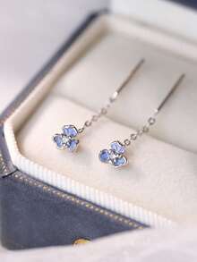 1 Pair S925 Sterling Silver Mori Style Blue Iris Ear Thread Earrings, Gentle Elegant Fresh Versatile Women's Lady Style Jewelry, Suitable For Daily Wear, Outings, Gatherings, Anniversaries, Holiday Gifts - Flowers - View 15