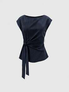 Blusa de mujer de cuello barco holgada con lazo frontal a rayas, para verano - Azul - Ver 1