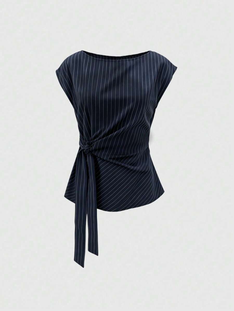 Blusa de mujer de cuello barco holgada con lazo frontal a rayas, para verano - Azul - Ver 1