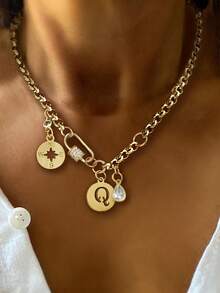 1pc Gold Round Initial Necklace, Luxury Textured Chain With Letter And Unique Octagonal Pendant, Exquisite Holiday Party Gift For Women - Yellow Gold - View 17