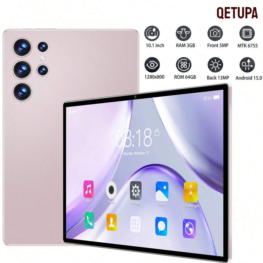 Qetupa 10.1英寸安卓15平板电脑,Z50,3GB RAM + 64GB ROM,MTK 6755八核1.8GHz处理器,高清(1280x800) IPS触控屏,蓝牙5.2和802.11ac WiFi 5,GPS,500万像素前置摄像头和1300万像素后置摄像头,6000mAh大容量电池,不支持SIM卡,适合阅读和游戏 - 金色 - 查看 1