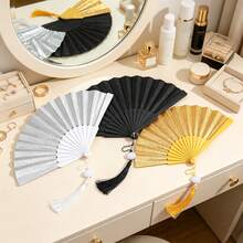 Glitter Gold Folding Hand Fan With Tassel Pendant, Solid Yellow Shiny Fabric Hand Fan For Party Costume Qipao Photoshoot Decor - Gold Powder Flat Panel Fan - View 7