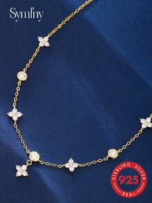 SYMFNY 1pc 925 Silver Sweet And Fresh And Simple Clover Cubic Zirconia Anklet, Best Accessory For Women Going Out, Beach, And Holiday - Yellow Gold - View 2