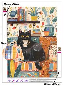 5D DIY Diamond Painting, Cozy Black Cat And Coffee Cup Among Books And Potted Plants Diamond Art Kit, Warm And Cute Indoor Home Decor Painting, Relaxing Diamond Art, Suitable For Adults, DIY Handmade Wall Art, Enjoy The Fun Of Hands-On Crafting - No Frame - View 1