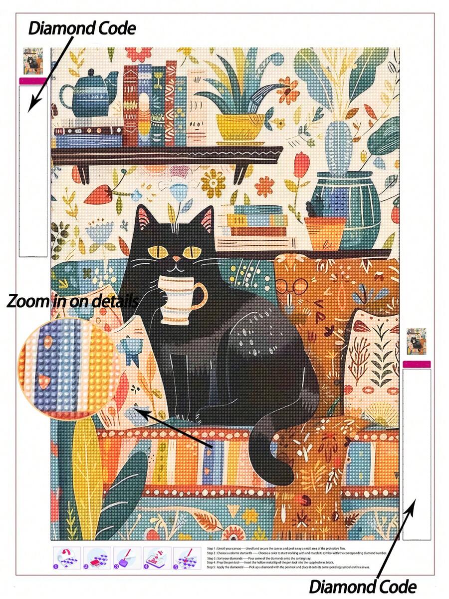 5D DIY Diamond Painting, Cozy Black Cat And Coffee Cup Among Books And Potted Plants Diamond Art Kit, Warm And Cute Indoor Home Decor Painting, Relaxing Diamond Art, Suitable For Adults, DIY Handmade Wall Art, Enjoy The Fun Of Hands-On Crafting - No Frame - View 1