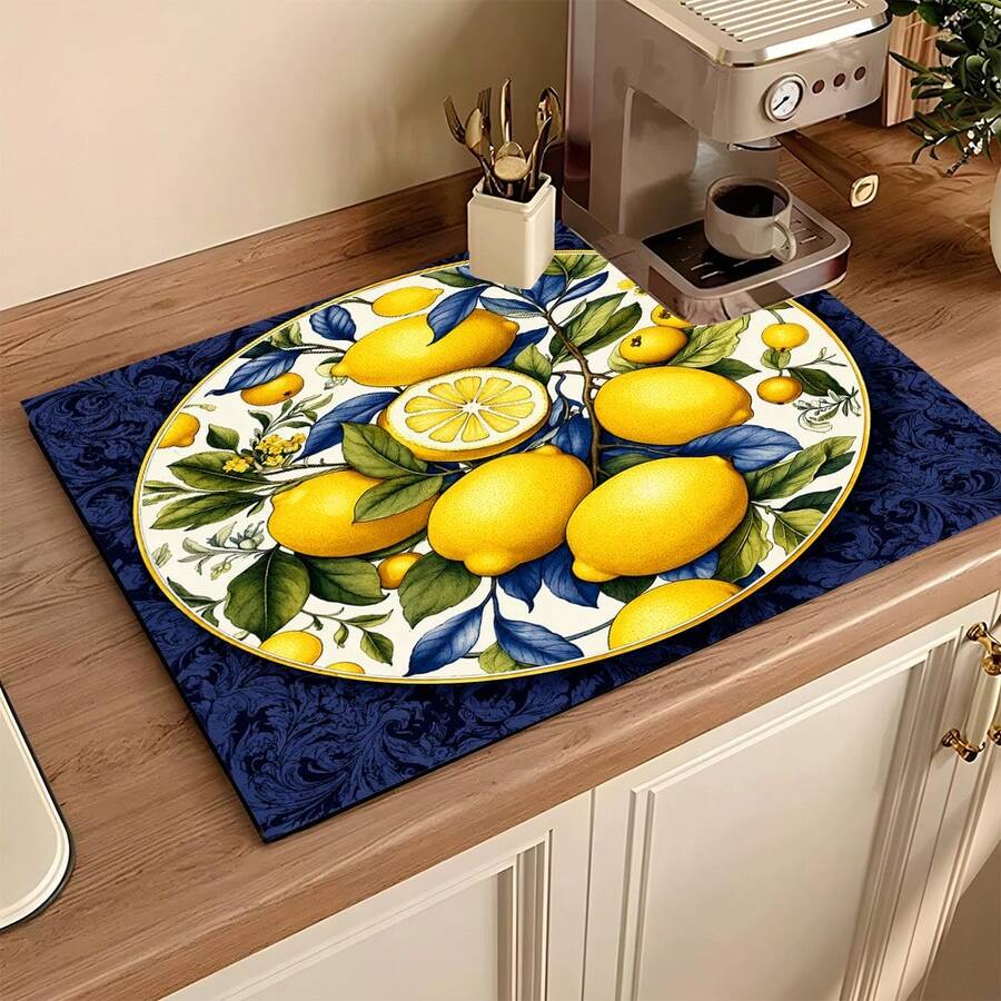 1pc Lemon Pattern Absorbent Drying Mat, Kitchen Decor Coffee Machine Mat, Hand Drip Coffee Pot Drainer Mat, Kitchen Floor Mat, Table Mat, Kitchen Countertop Dish Drying Mat, Breakfast Mat, Heat-Resistant Drainer Mat With Non-Slip Backing, Diatomaceous Earth Drainer Mat, Stain-Hiding, Super Absorbent Kitchen Drainer Mat, Easy-To-Clean Dish Rack Mat, Perfect For Kitchen, Dining Table, Coffee Shop, Bar, Holiday, Party, Home Decor, Holiday Gift - Multicolor - View 1