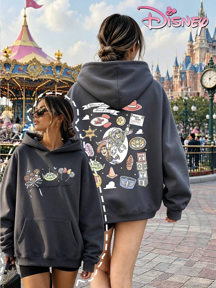 Disney Women's Hooded Sweatshirt, Unisex Sweatshirt, Hand-Painted Graffiti Buzz Woody Toy Story Sweatshirt, Retro Small Item Elements Double-Sided Print. - 深灰色 - 查看 1