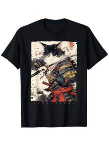 Camiseta Negra con Estampado de Gato Samurai con Espada y Texto en Japonés Ideal para Amantes de la Cultura Japonesa y Mascotas Estilo Harajuku para Uso Diario y Eventos Temáticos - Negro - Ver 1