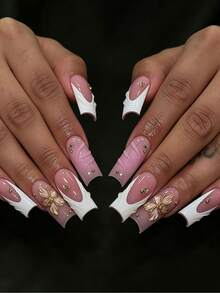 24 piezas de uñas postizas cuadradas cortas para pegar, diseño elegante de ondas de agua 3D con efecto tie-dye floral rosa y blanco francés de cobertura completa, incluye pegamento de gelatina y mini lima de uñas, adecuado para mujeres y niñas para uso diario, fiestas, compras, citas, DIY, pegamento de gelatina enviado al azar - Multicolor - Ver 1