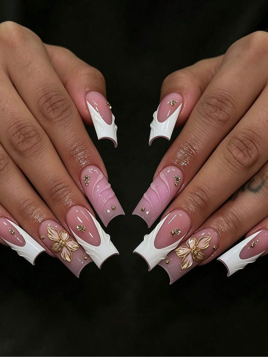 24 piezas de uñas postizas cuadradas cortas para pegar, diseño elegante de ondas de agua 3D con efecto tie-dye floral rosa y blanco francés de cobertura completa, incluye pegamento de gelatina y mini lima de uñas, adecuado para mujeres y niñas para uso diario, fiestas, compras, citas, DIY, pegamento de gelatina enviado al azar - Multicolor - Ver 1