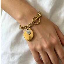 1pc Stainless Steel Heart Shaped Bracelet, Fashionable, Versatile, Simple, High-end, Light Luxury, Unique Design, Ins Style, Korean Version, Gentle, Sweet, Studded With Rhinestones, Preferred Gift For Female Friends, Students, Daily Wear - Yellow Gold - View 3