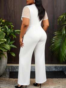 AOMEI Elegant Noble Luxury Plus Size Women White Fitted Jumpsuit Pearl Mesh Round Neck Short Sleeve High Waist Wide Leg Jumpsuit Elegant Party Graduation Wedding Guest Outfit - White - View 9