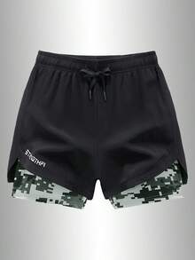 Shorts Esportivos 2 em 1 com Forro Camuflado para Homens, Shorts de Corrida e Fitness com Bolso para Celular e Cordão na Cintura, Shorts de Treinamento Atlético - Preto - View 3