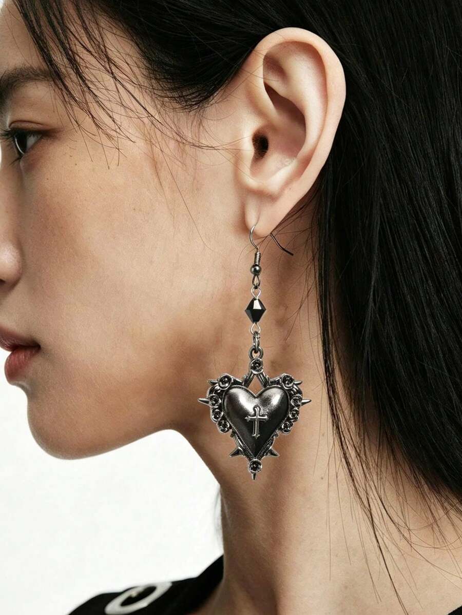 哥德風黑色十字架、愛心、玫瑰、蝴蝶結、荊棘吊墜 Y2K 女款耳環 - 槍黑色 - 查看 1
