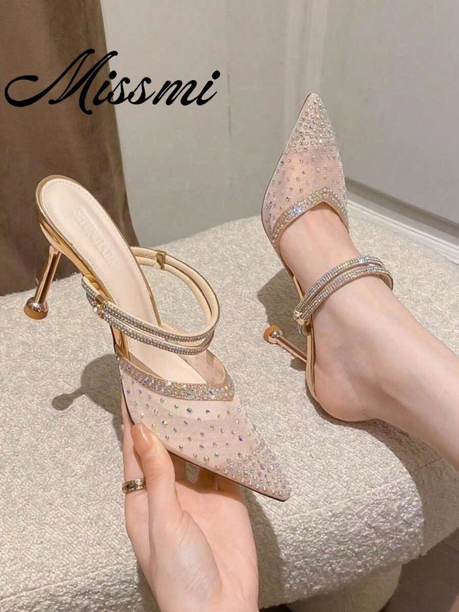 Women's Strappy Stiletto Heeled Sandals, Pointed Toe Rhinestone Mesh Slip-On/Backless Plus Size Sandals,Elegant,Mule,Party,Summer Outfits