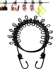 1 Pack Retractable Elastic Clothesline With 12 Clothespins, Windproof Portable Laundry Drying Line, Black Heavy Duty Travel Accessory For Hotel, Vacation, Balcony, Backyard, Camping & RV Outdoor Use - Black - View 1