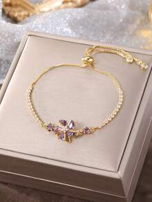 1pc Fashionable Dynamic Rotating Flower Zirconia Bracelet, Light Luxury Premium Feel Bangle, Women's Daily Personalized Versatile Jewelry - Windmill - View 1