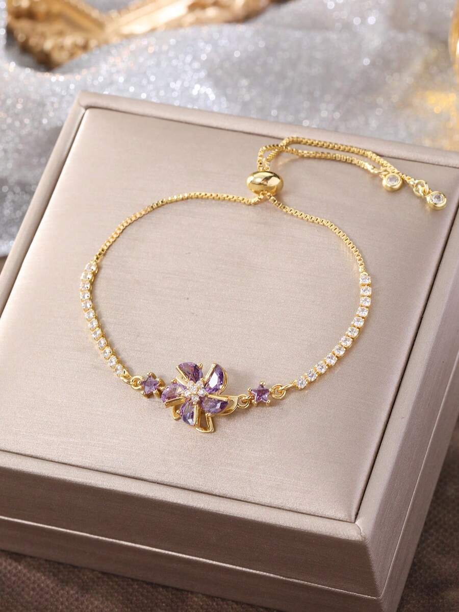1pc Fashionable Dynamic Rotating Flower Zirconia Bracelet, Light Luxury Premium Feel Bangle, Women's Daily Personalized Versatile Jewelry - Windmill - View 1