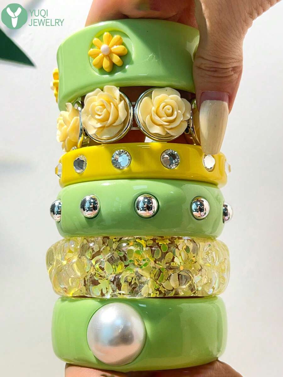 1pc New Candy Color Contrast Bracelet With Multi- Design, Resin Material, Bohemian Spacer Beads, Wrapped Bangle, Vibrant Colors, Suitable For Women's Daily Layering Jewelry - Multicolor B - View 1