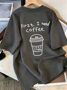 Camiseta de mujer con estampado gráfico "Primero.Necesito café.de cuello redondo y manga corta, de ajuste relajado y casual, versátil, adecuada para uso diario y vacaciones de verano - Gris Oscuro - Ver 1