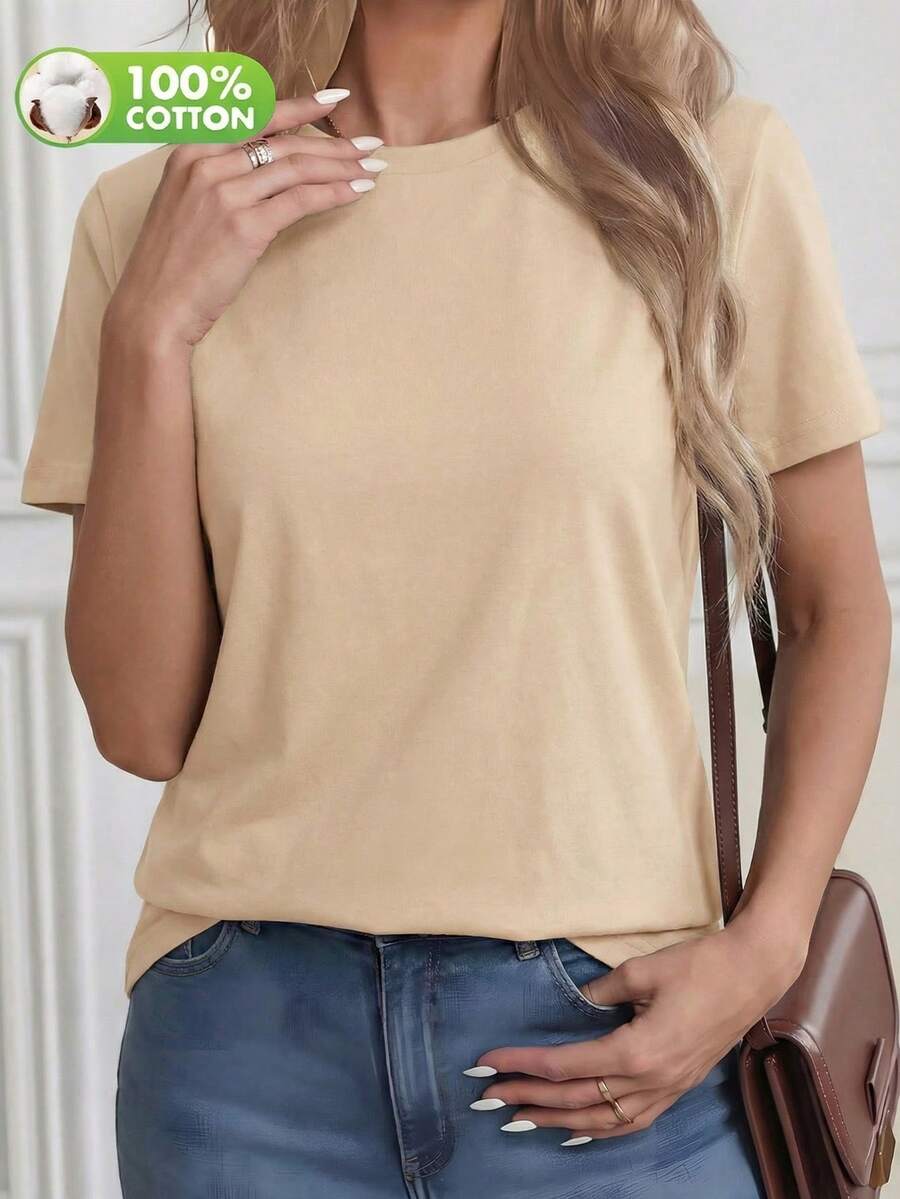 Plus Size Women's Loose Fit Round Neck Short Sleeve T-Shirt, Casual Summer Wear, Slightly Stretchy Fabric - Apricot - View 1