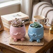 Mini Cute Expression Succulent Plant Pot, Heart-Shaped Plastic Succulent Planter, 6cm/2.4 Inch Small Pot, Suitable For Desk, Office, Shelf And Home Decor, White, Gray - A - View 8
