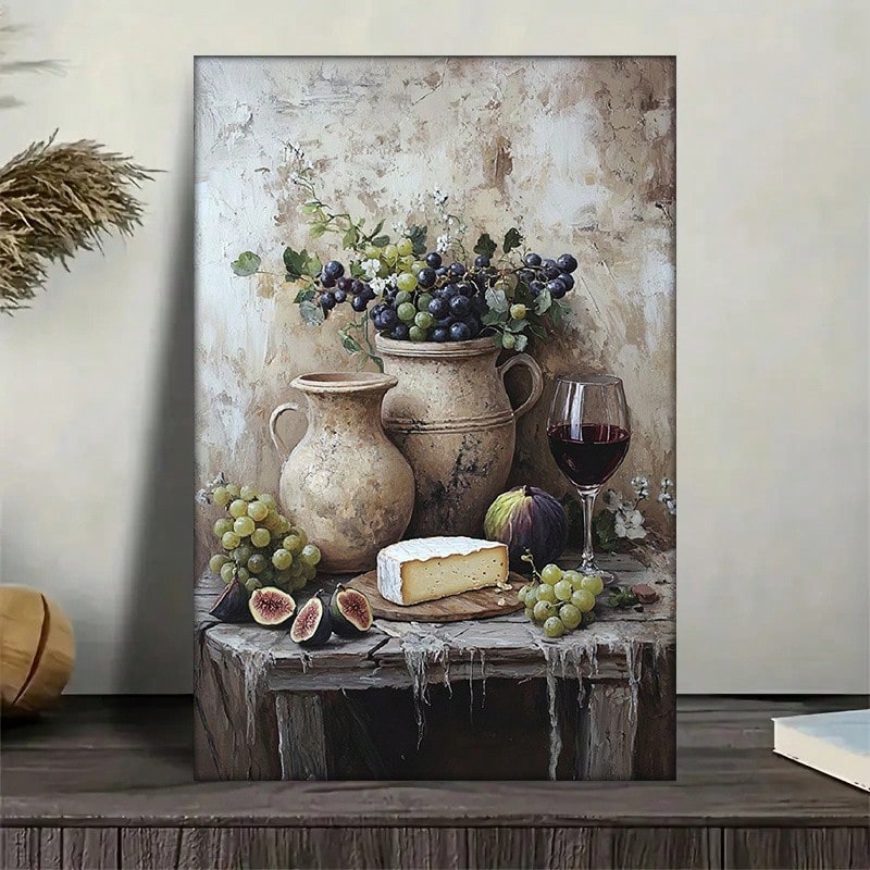 Still Life Canvas Art Painting With Grapes Cheese And Wine Rustic Brown Tone For Kitchen Living Room Decor - 8*12 Inches (20*30cm) - View 1