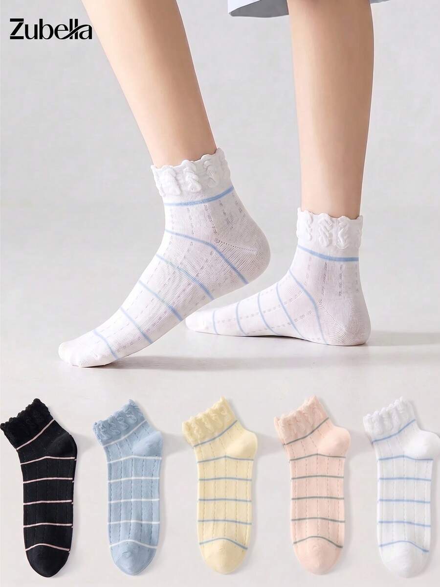 5 Pairs Women's Multiful-Colors Short Socks Ruffled Socks With Striped Patterns, Breathable, Moisture-Wicking, Suitable For Sports And Leisure - Multicolor - View 1