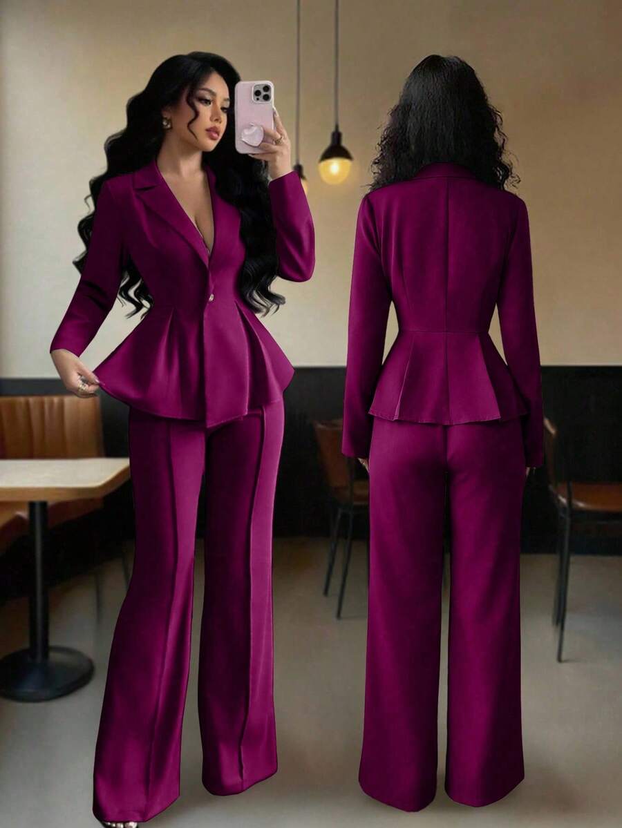 Traje con cintura ceñida elegante, pantalones slim con vuelo de moda para ir al trabajo, atuendo para vacaciones/citas, Día de la Independencia, atuendo de maestra para mujeres - Rosa Fucsia - Ver 1