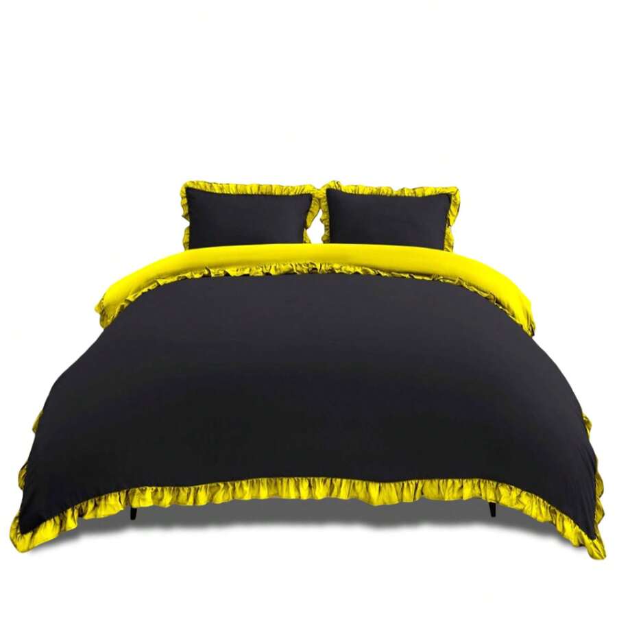 VELVETIO Luxury Kendrick Frill Duvet Cover Set Reversible Bedding Set Soft Smooth Lightweight Microfiber Polyester With Matching Pillow Cases Elegant Ruffle Edge Plain Design Single Double King - Negro/Ocre - Ver 1