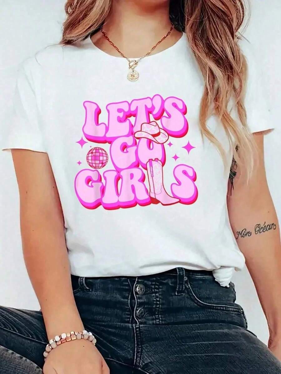 Go Girls Cowgirl Leopard Hat Boots Western Country Print T-Shirt, Casual Crew Neck Short Sleeve T-Shirt Comfortable Spring/Summer And Winter, Women's Clothing - 白色 - 查看 1