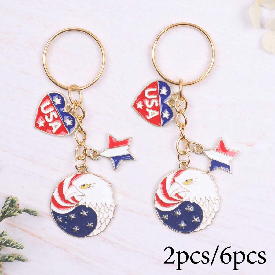 2pcs/6pcs Fashion Independence Day Keychain Set, Including Eagle, Red Blue White, Heart, Star Keychains. Suitable For Independence Day, July 4th, 250th Anniversary, Memorial Day, Retirement, Friendship Gifts, Birthday Gifts, Holiday Party Decorations, Etc. Give To Your Friends, Family, Colleagues, Lovers And Besties. - Multicolor - View 1