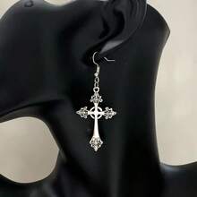 2pcs/Set Cross Gothic Pendant Earrings, Large Silver Exaggerated Traditional Gothic Jewelry, Fashionable & Exquisite, Women's Gift For Girlfriend - Multicolor - View 3